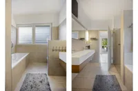 Badezimmer mit Doppelwaschbecken, Badewanne und Dusche