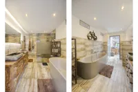 Hochwertig saniertes Hauptbad mit runder Design-Badewanne und Walk-in-Dusche