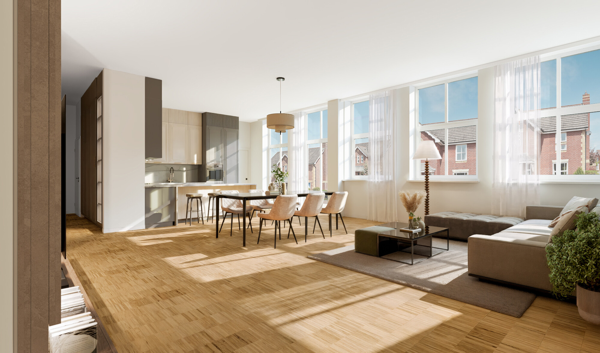 Visualisierung Esszimmer-Wohnzimmer-Küche