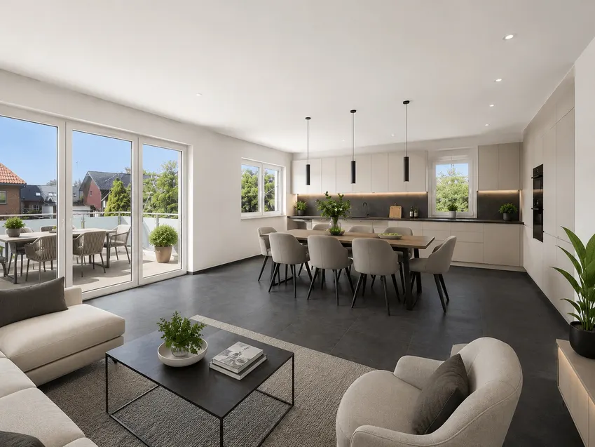Wohnbereich mit Küche und Dachterrasse visualisiert