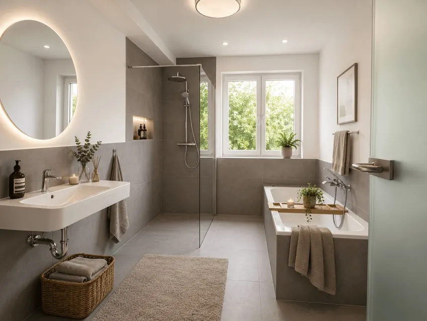 Badezimmer mit Dusche und Wanne visualisiert