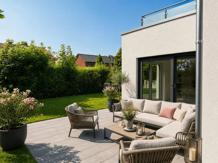 Terrasse mit Garten und visualisierter Möblierung
