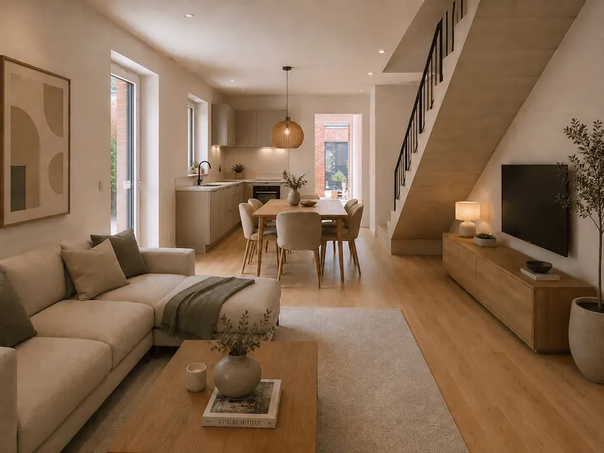 Wohnzimmer mit Küche visualisiert