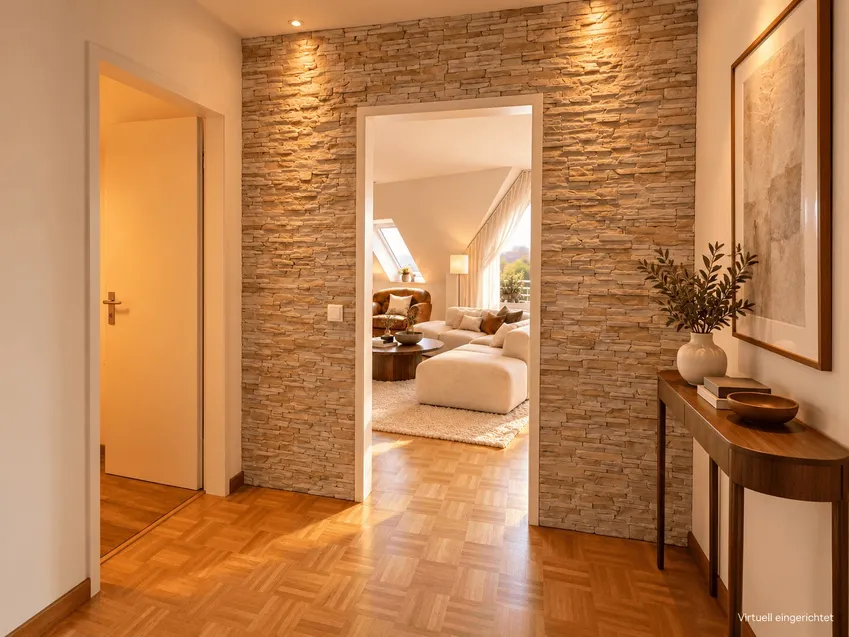 Flur mit Blick in das Wohnzimmer AI möbliert