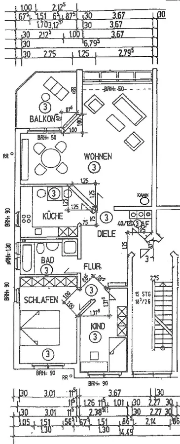 Bemaßter Wohnungsgrundriss