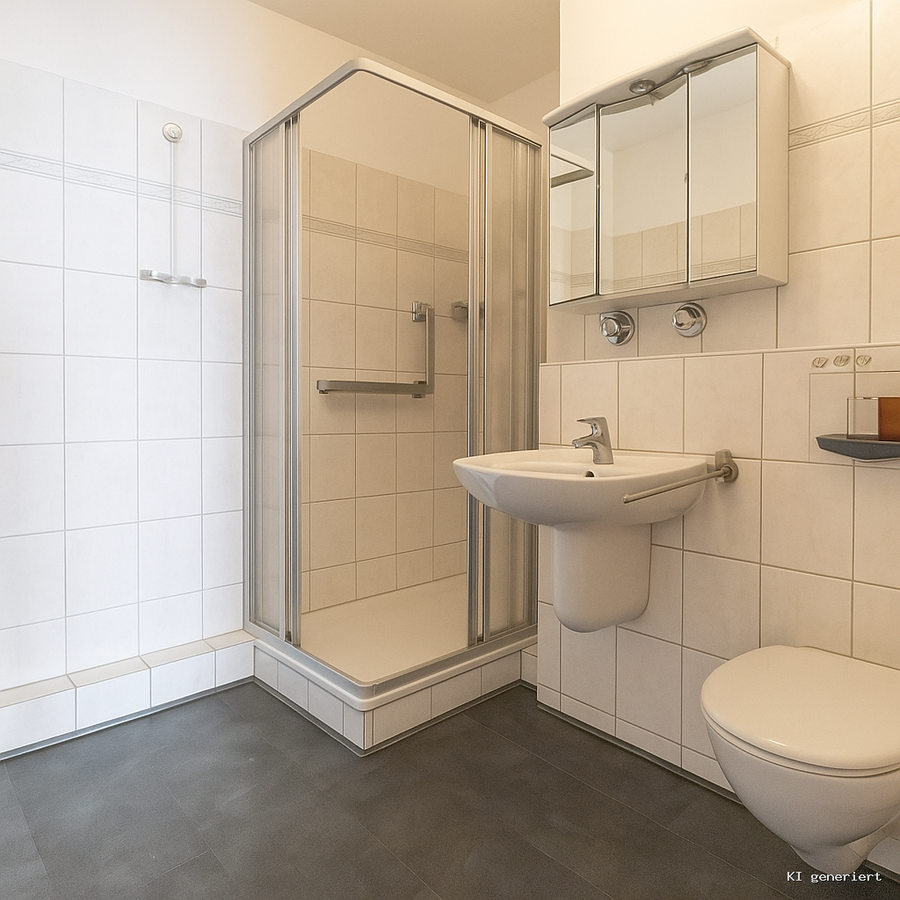 Das modern geflieste Duschbad