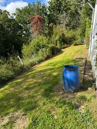 Garten mit blauer Tonne