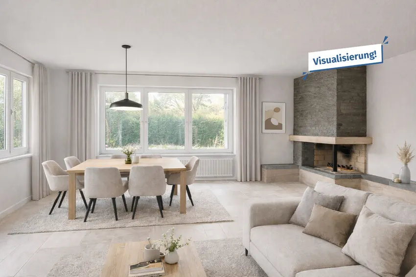 Wohnzimmer mit Kamin visualisiert