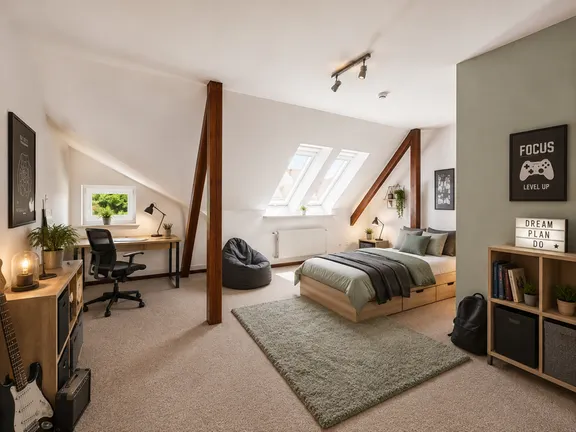 Einrichtungsvorschlag Zimmer II im DG als Jugendzimmer - mit KI erstellt