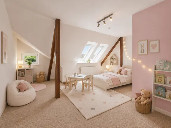 Einrichtungsvorschlag Zimmer II im DG als Kinderzimmer - mit KI erstellt