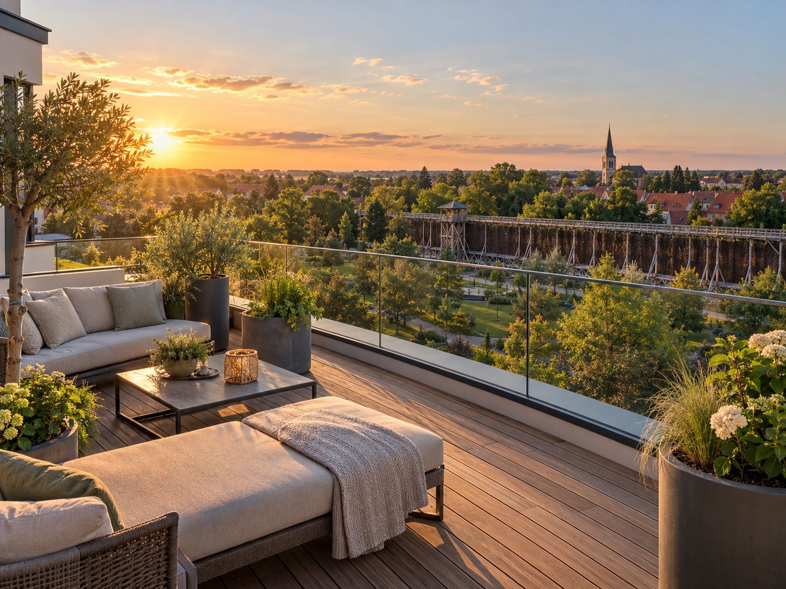 Dachterrasse mit Blick über den Solegarten (KI-Visualisierung)