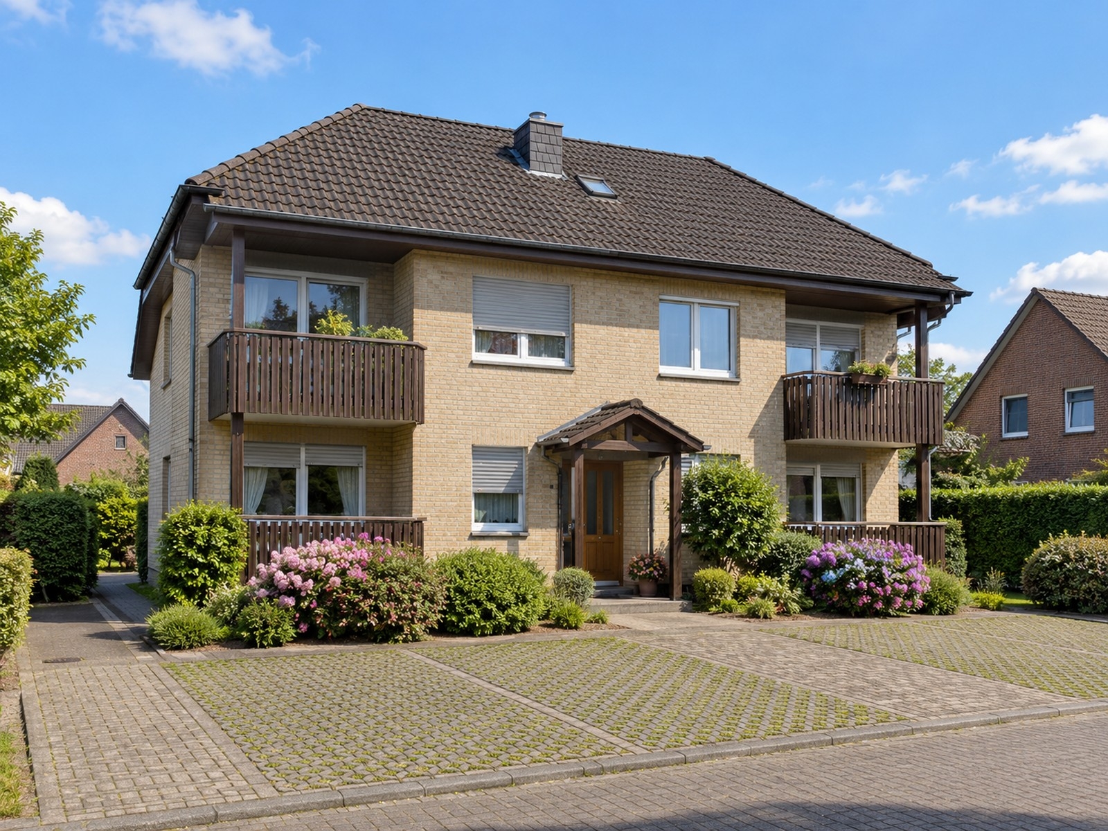 Gepflegtes Zweifamilienhaus mit Holzbalkonen (KI-Visualisierung)