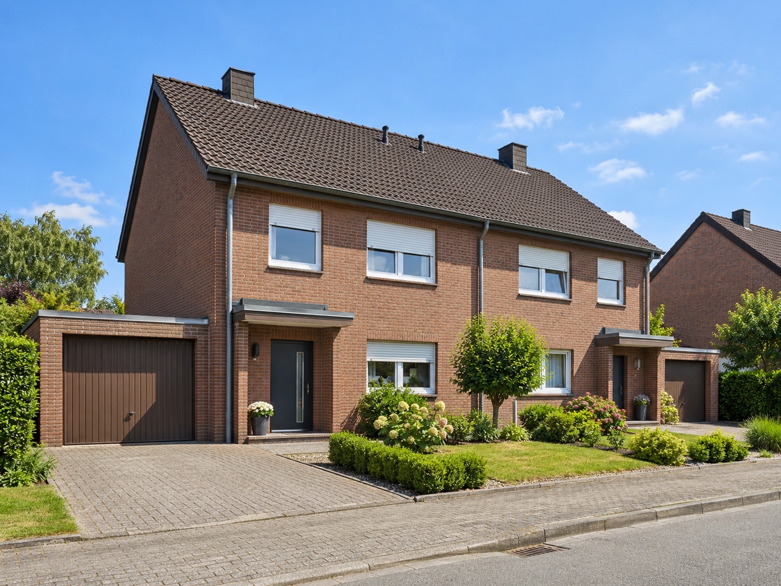 Straßenansicht der Doppelhaushälfte mit Garage (KI-Visualisierung)