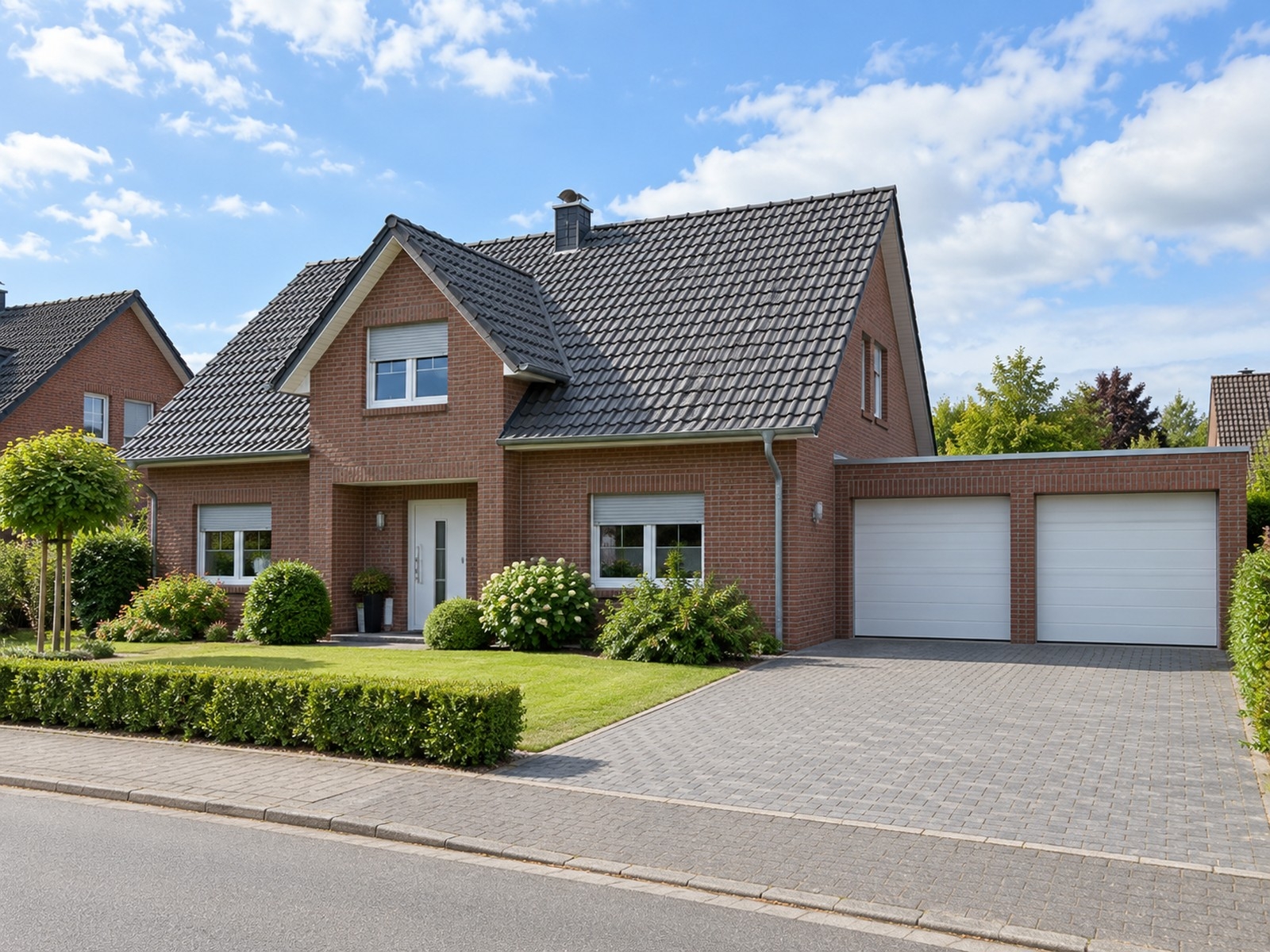 Außenansicht von der Straße mit Doppelgarage und Vorgarten (KI-Visualisierung)