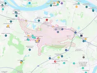 Lageplan mit 5 Minuten Fahrzeit markierter Fläche