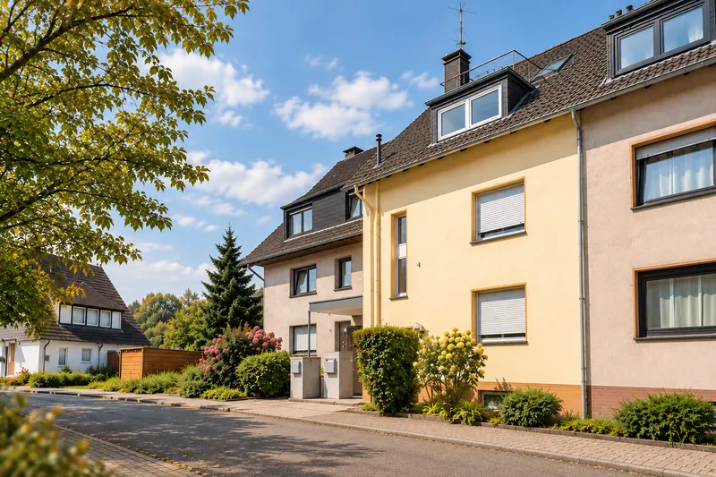 Ruhige Wohnstraße mit gelbem Reihenhaus