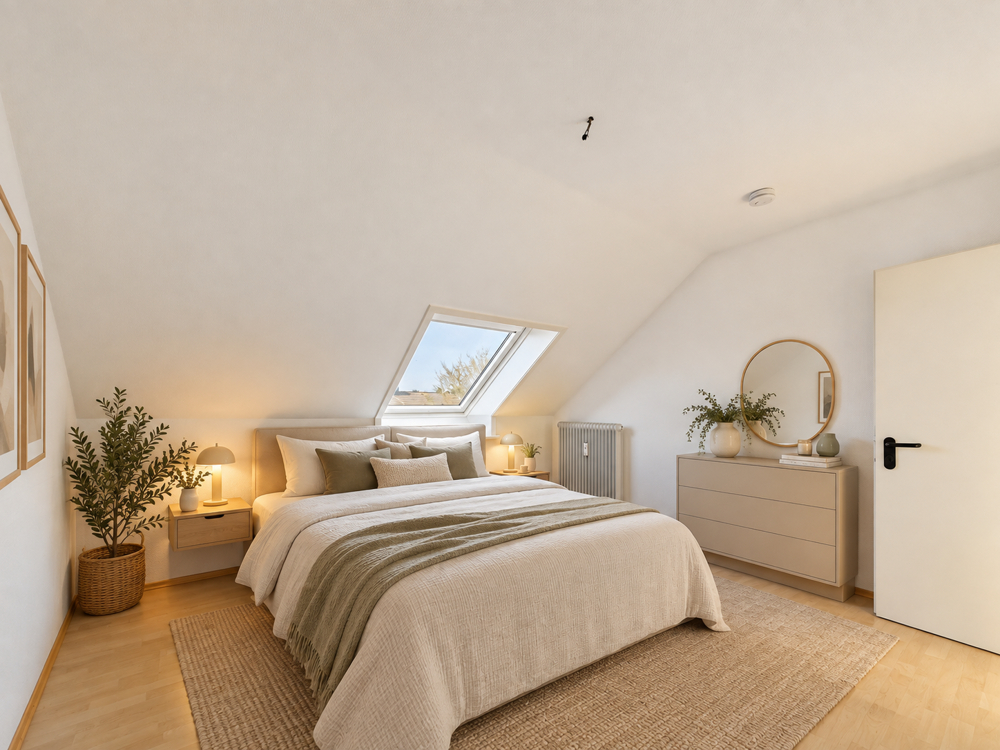 Schlafzimmer mit Möbleringsvorschlag (KI generiert)