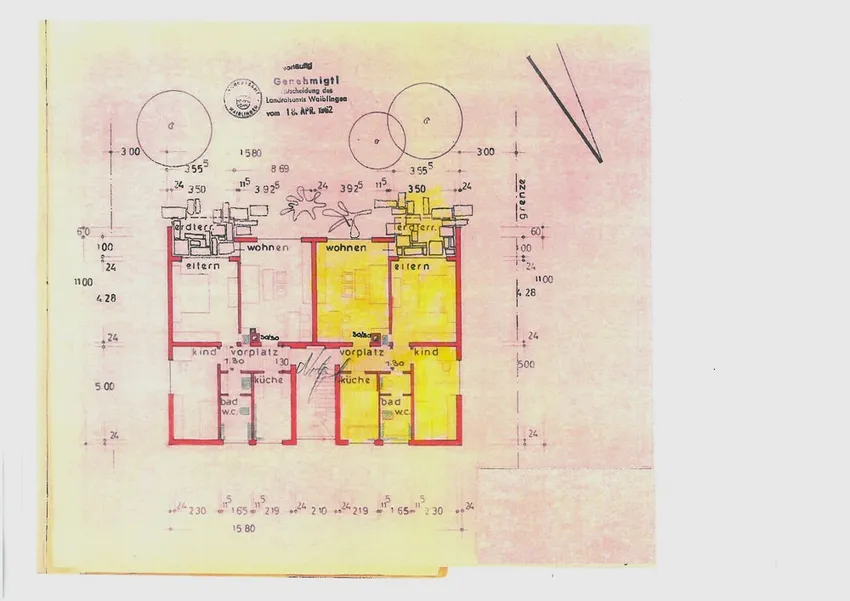Grundriss Wohn. Nr. 3 gelb und Nr. 2