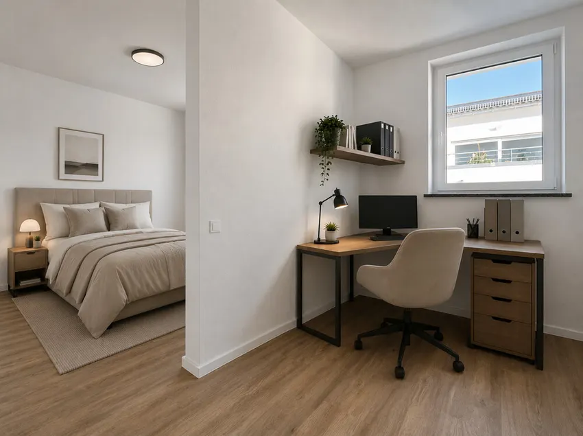 Schlafzimmer mit Ankleide und Homeofficebereich - virtuell möblierte Darstellung