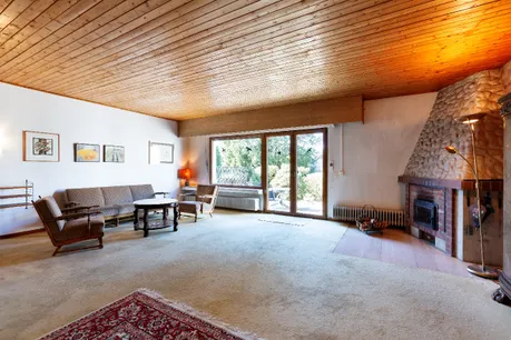 Wohnraum mit Kamin und Terrassenzugang