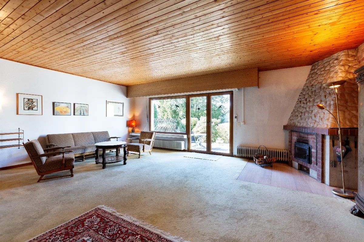 Wohnraum mit Kamin und Terrassenzugang