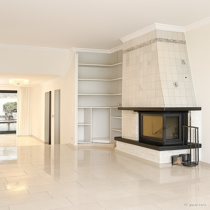 Wohnzimmer mit Kamin KI bearbeitet