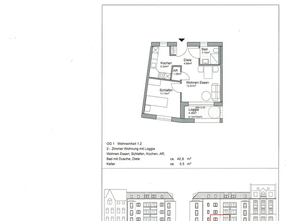 1.Obergeschoss 42,90 m²