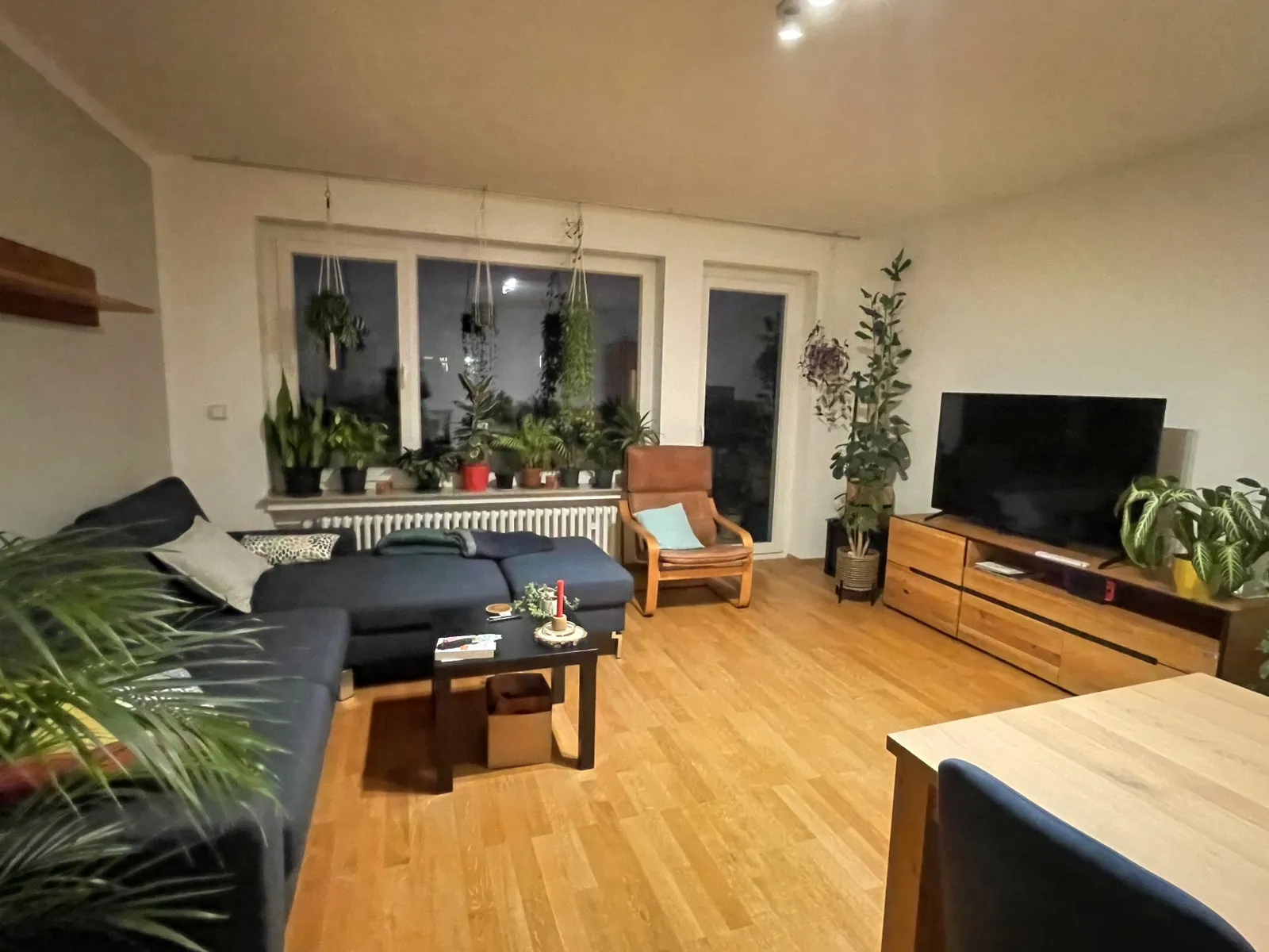 Wohnzimmer mit Parkettboden un