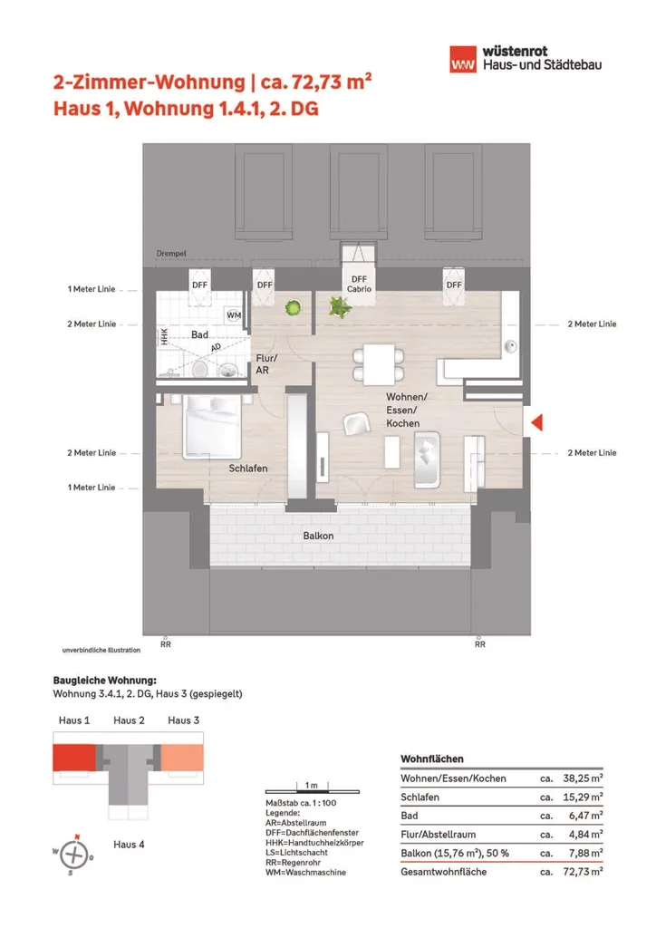 Grundriss_2-Zimmer-Wohnung 1.4.1_Haus 1_2. DG + 3.4.1 gespiegelt