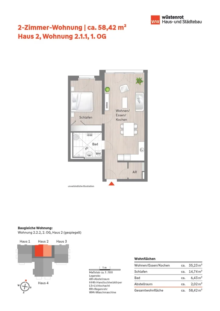 Grundriss_2-Zimmer-Wohnung 2.1.1_Haus 2_1. OG + 2.2.2 gespiegelt