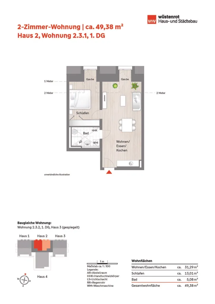 Grundriss_2-Zimmer-Wohnung 2.3.1_Haus 2_1. DG + 2.3.2 gespiegelt
