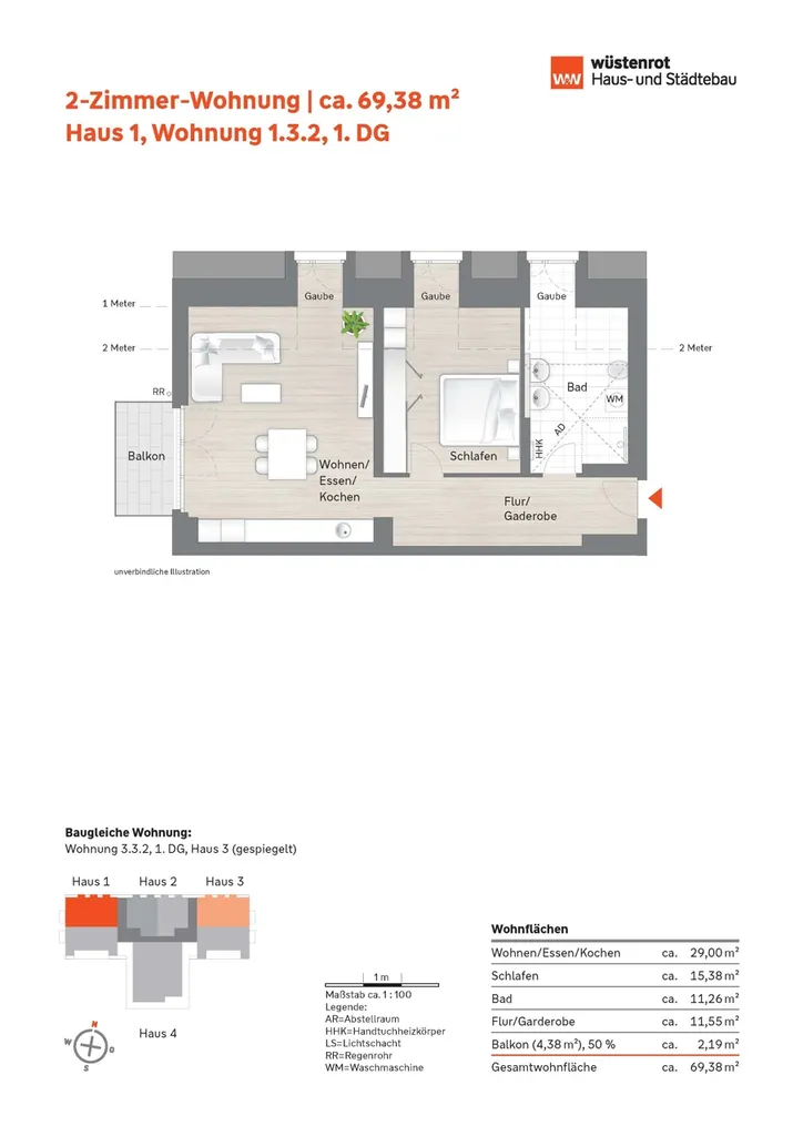 Grundriss_2-Zimmer-Wohnung 1.3.2_Haus 1_1. DG + 3.3.2 gespiegelt