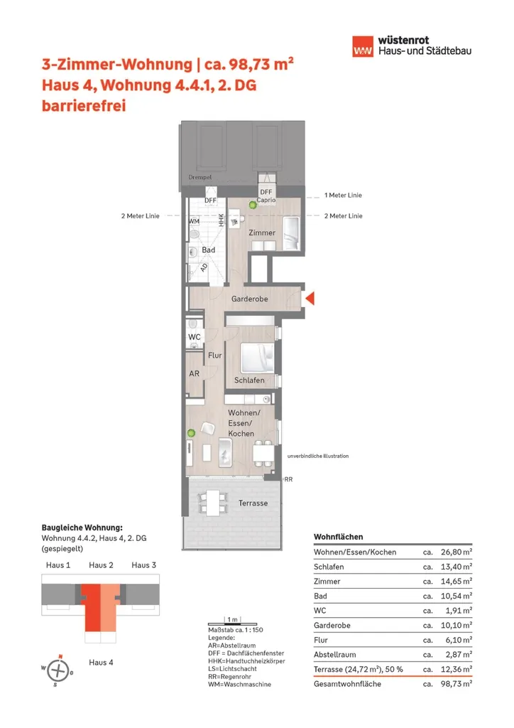 Grundriss_3-Zimmer-Wohnung 4.4.1_Haus 4_2. DG + 4.4.2 gespiegelt