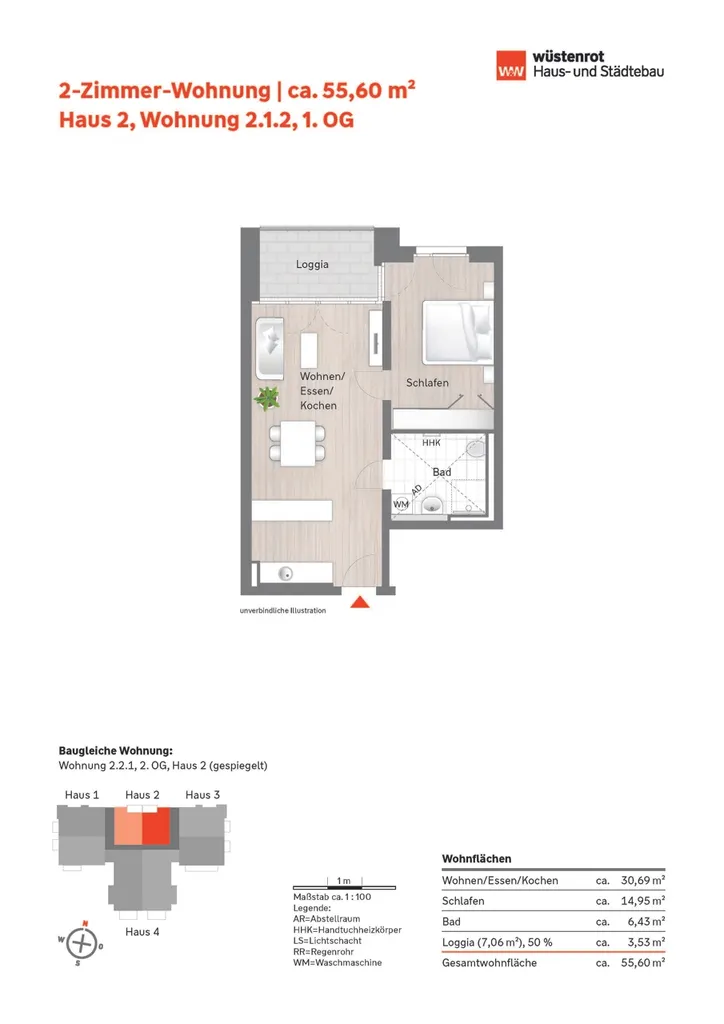 Grundriss_2-Zimmer-Wohnung 2.1.2_Haus 2_1. OG + 2.2.1 gespiegelt