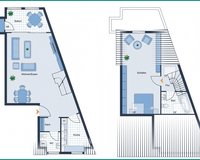 Dach- und Spitzbodengrundriss der gemütlichen Zwei-Zimmer-Maisonette-Wohnung mit Flair