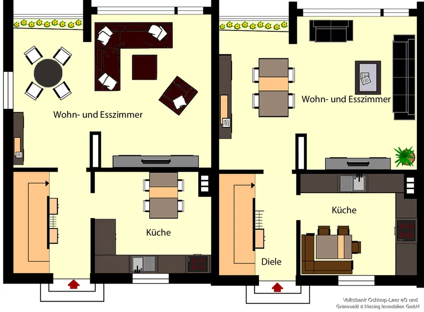 Grundriss Erdgeschoss von 2 Reihenhäusern