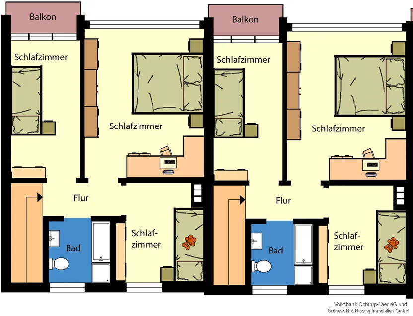 Grundriss Dachgeschoss von 2 Reihenhäusern